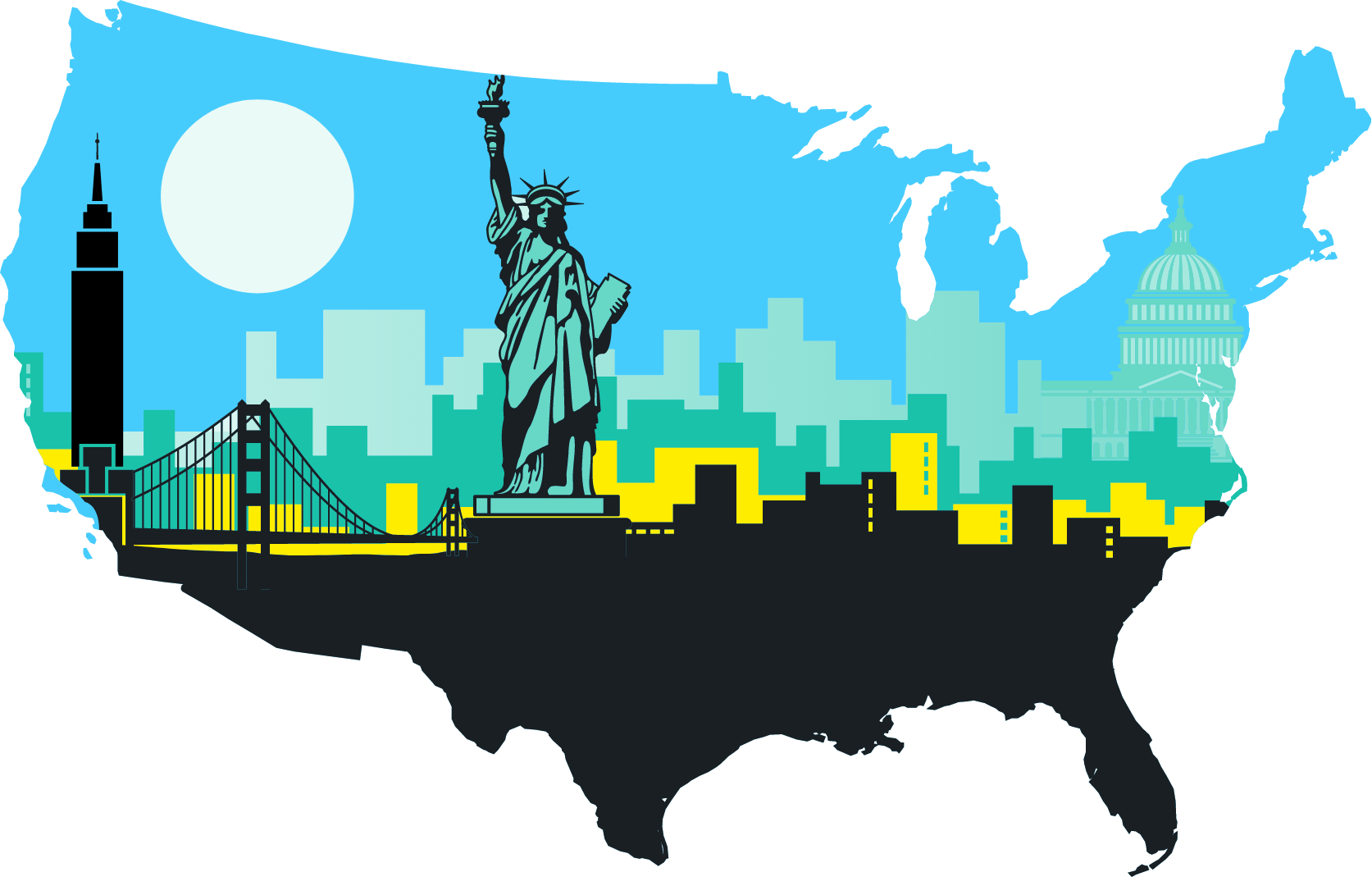 outline of the United States with landmarks - GSMA